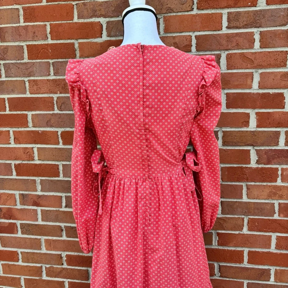 Vintage Candi Jones California Red Floral Print Long Sleeve Dress Ruffles Lace - Picture 8 of 9